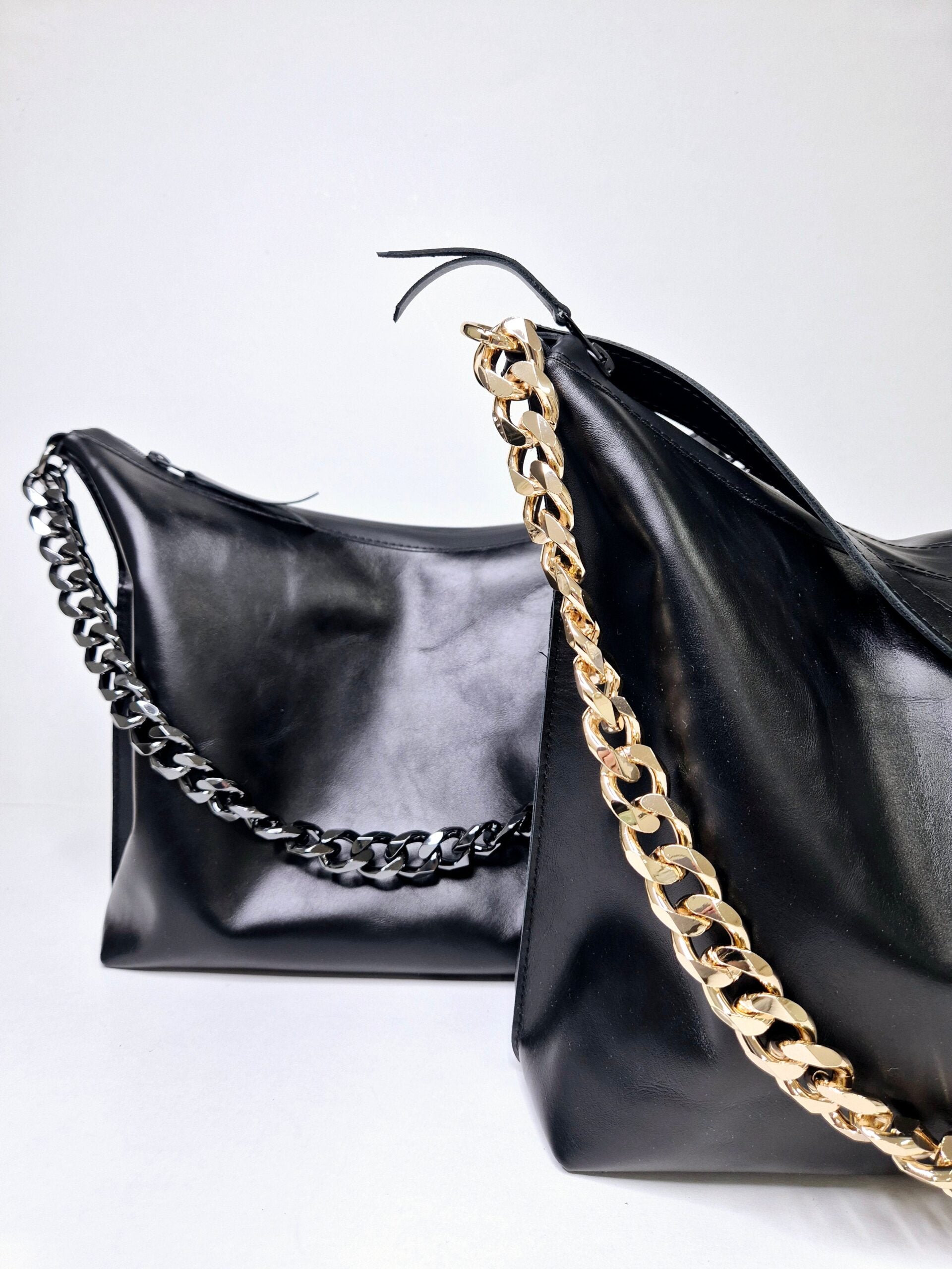 Black Leather Hobo Bag - Large