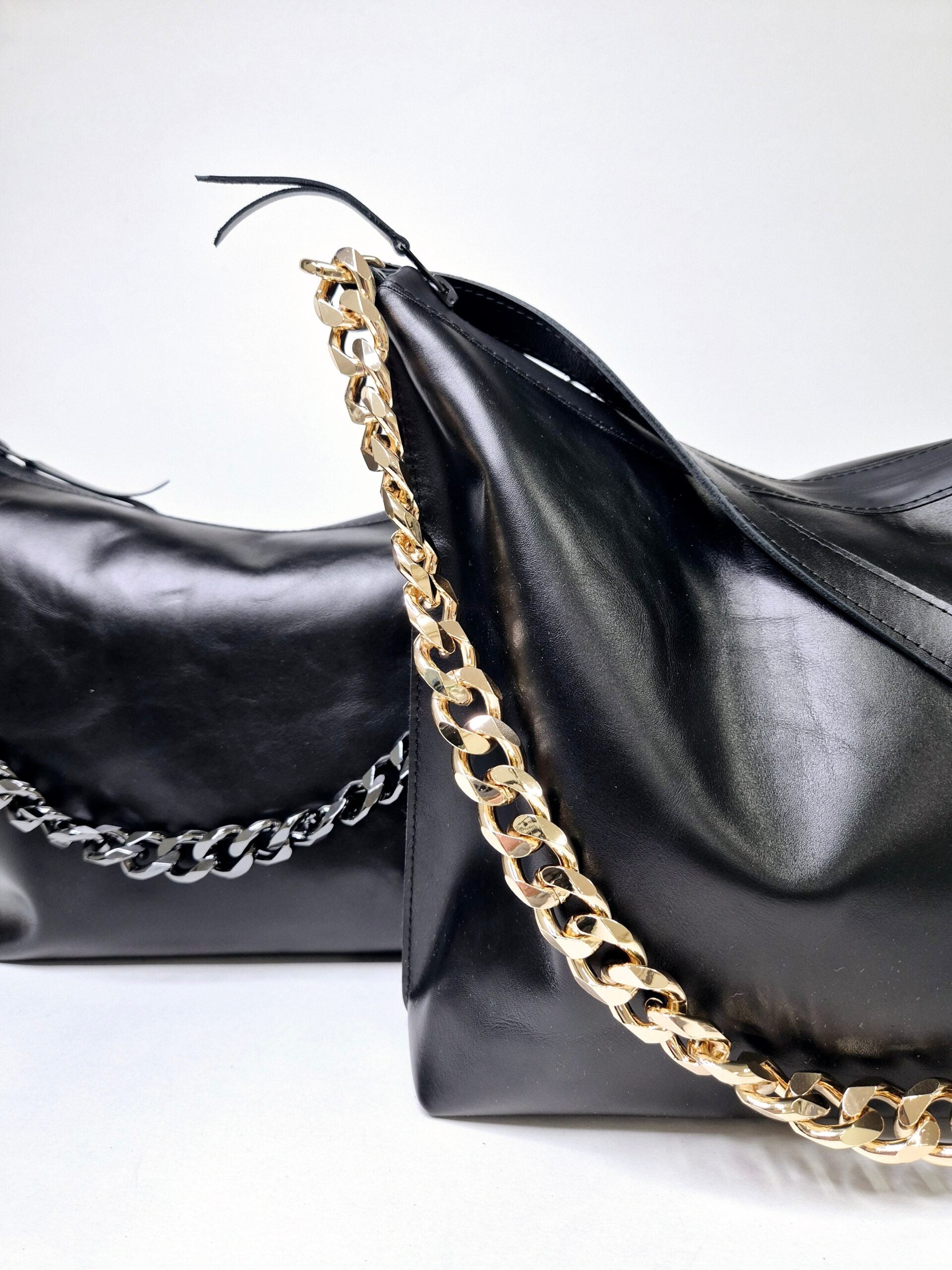 Black Leather Hobo Bag - Large