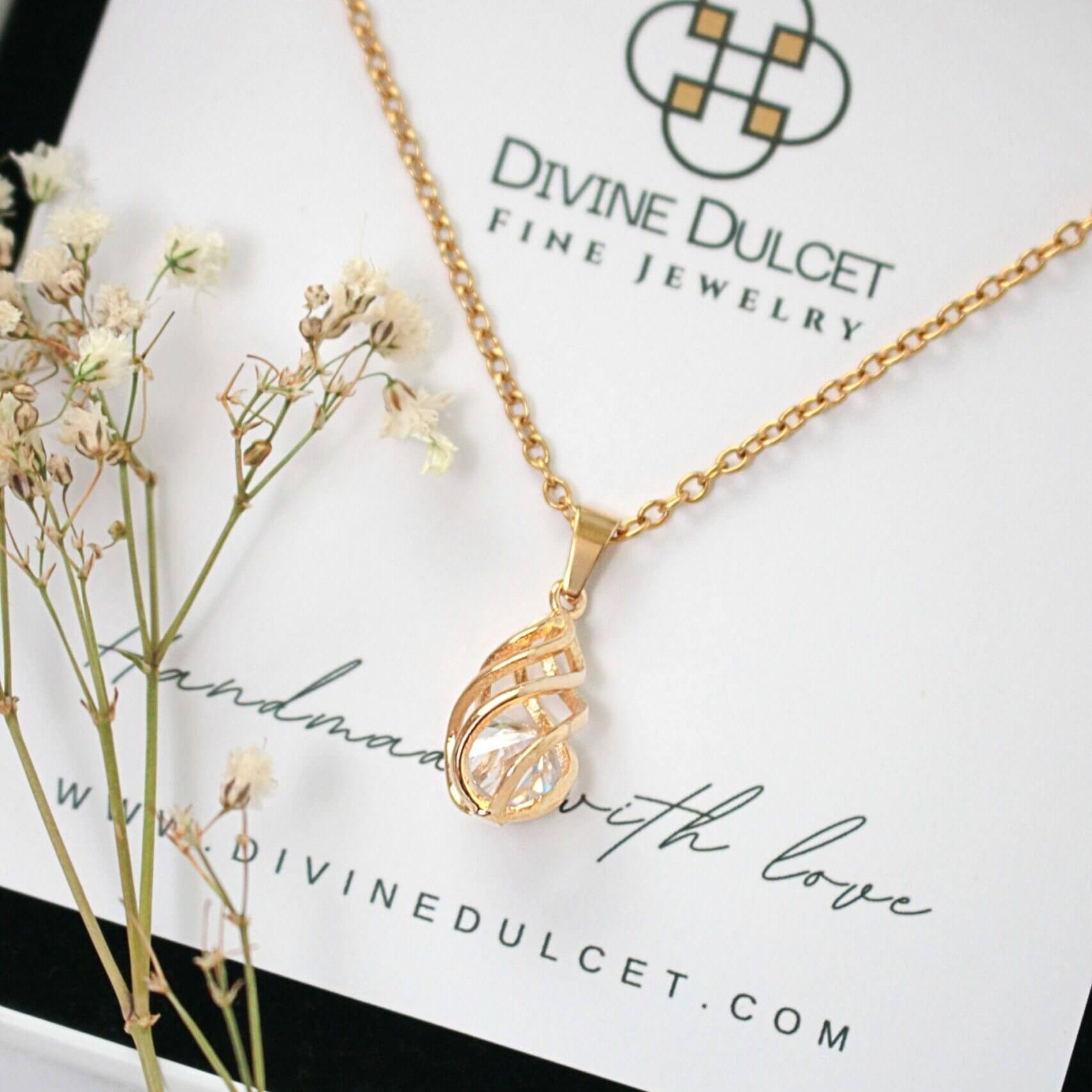 24 Karats Cubic Zirconia Tear Drop Cage Necklace