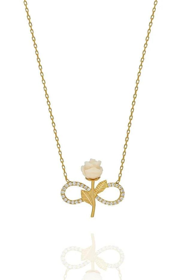 925 Sterling Silver Gold Plated White Rose Infinity Necklace Zircon