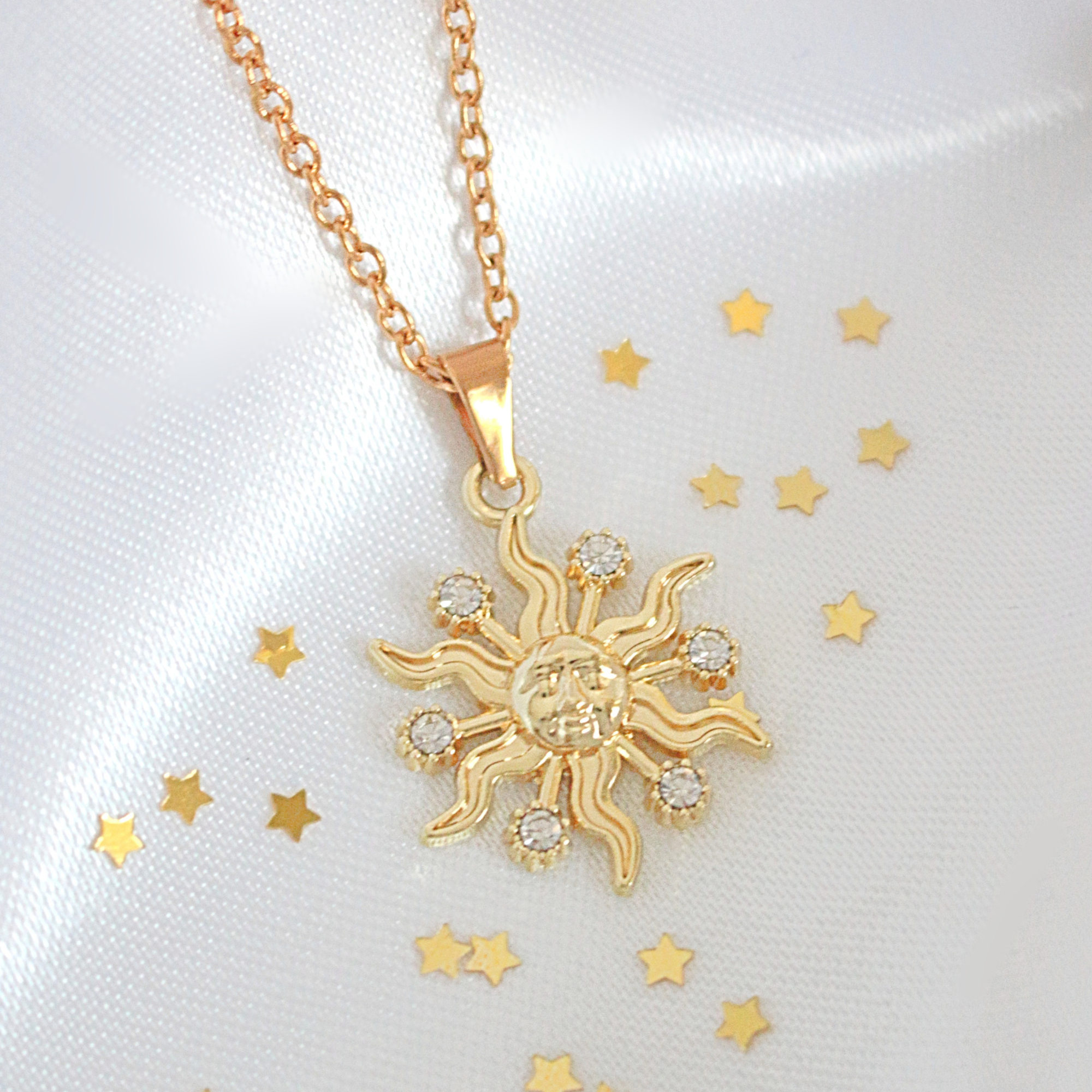 24 Karats CZ Sun Pendant Necklace
