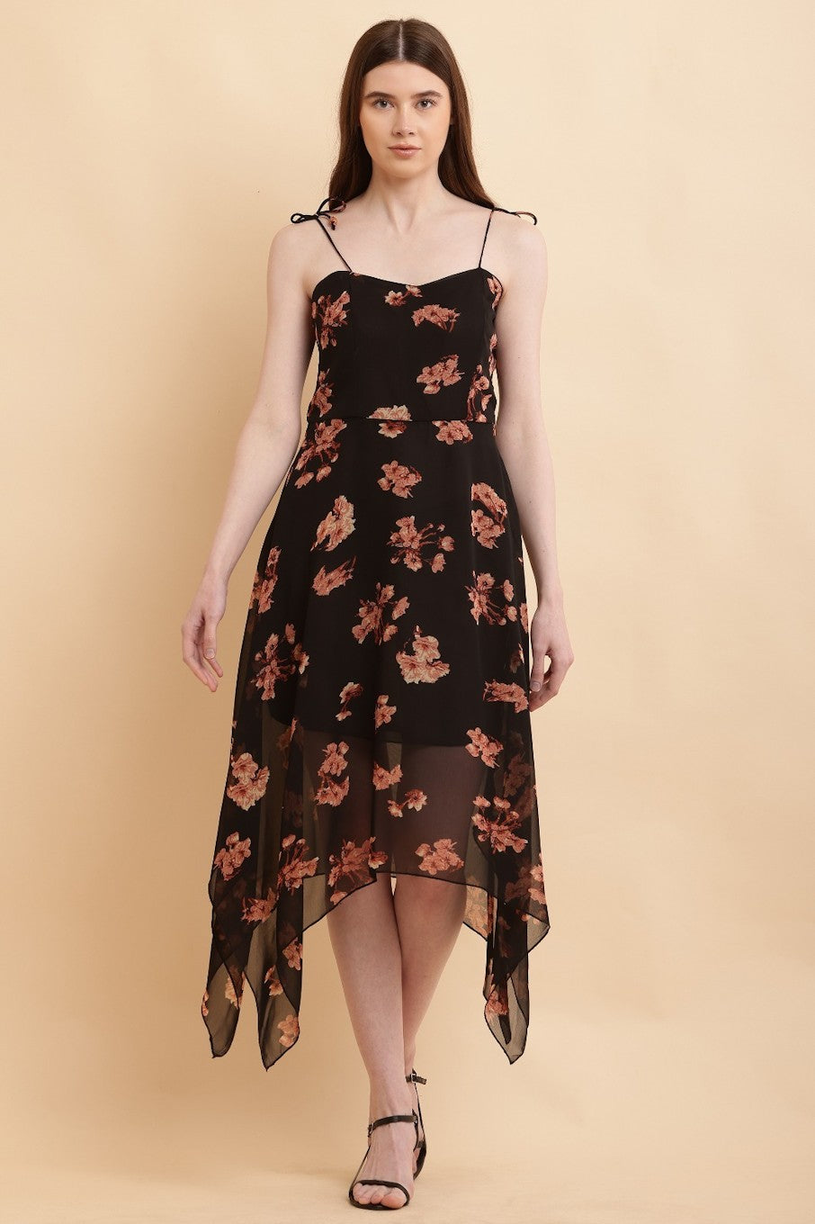 Leopard Print Handkerchief Hem Dress (Size-M)-Black